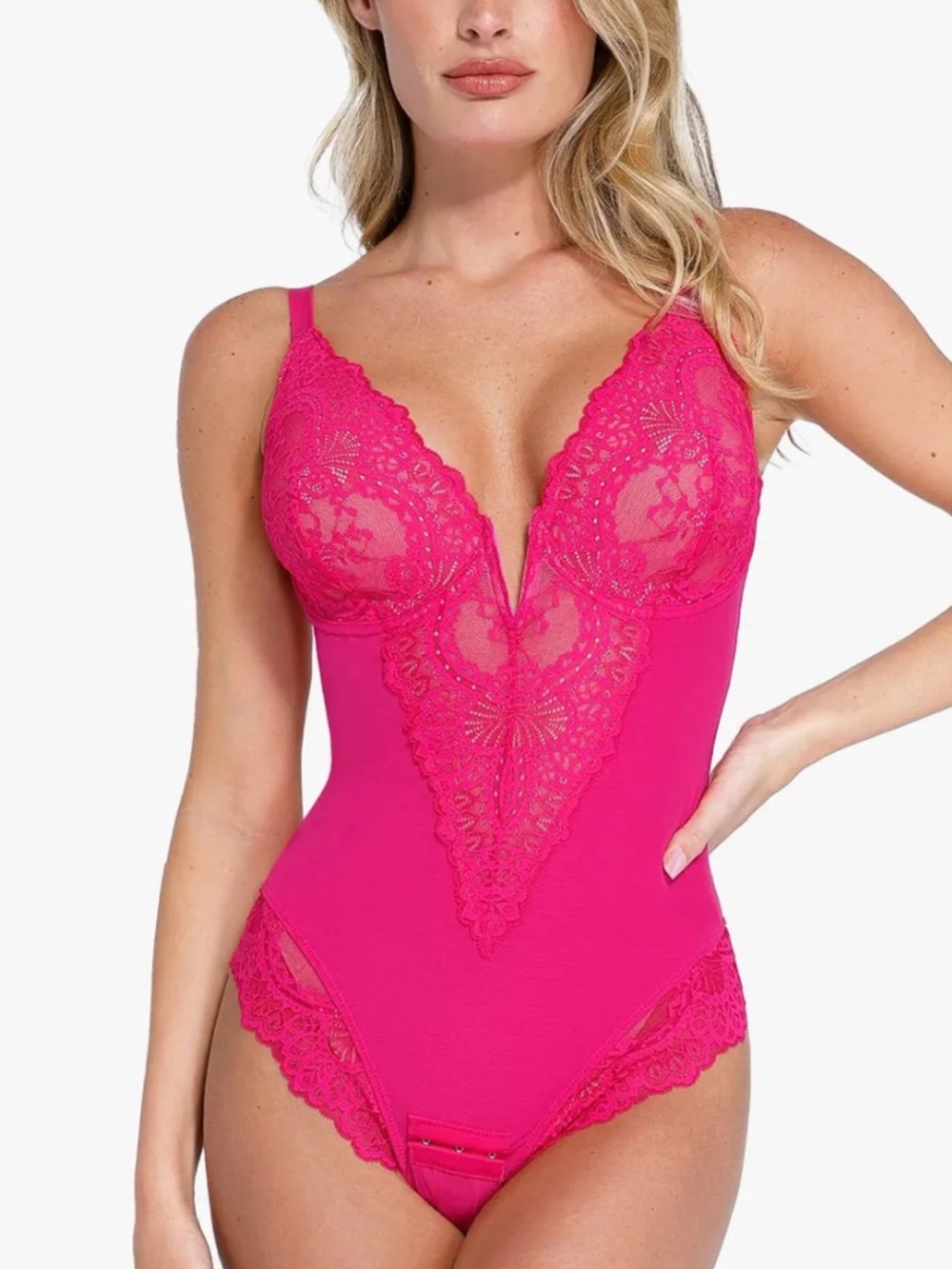 Popilush Shapewear Full Coverage Plunging Lace Slimming Bodysuit L